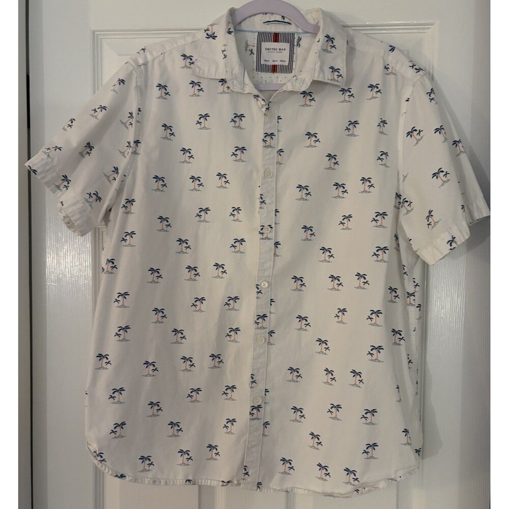 Cactus Man Button Up Shirt Mens XL White Cotton Palm Tree Tropical Summer Cruise